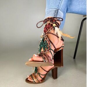 Exé Shirley Multicolor Boho Macrame Lace Up Block Heel Sandals Sequin Feather 38